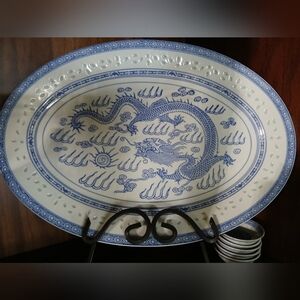 Vintage 16 Inch Porcelain Chinese Dragon Rice Eye Oval Serving Platter